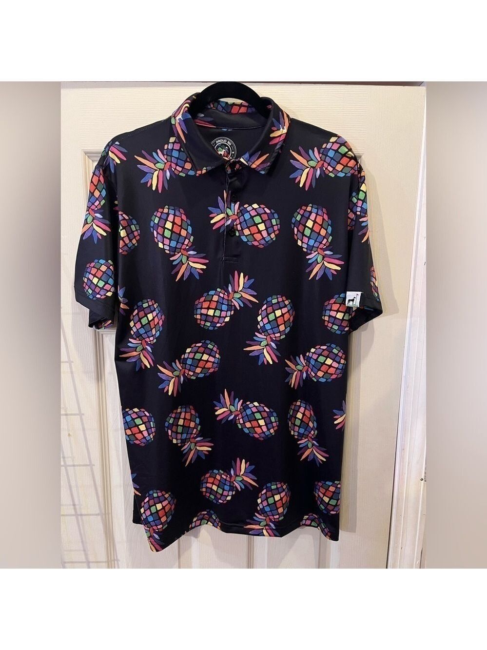 Proud 90 Golf Polo Shirt Black Neon Tropical Pineapple Colorful